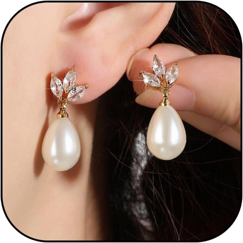 14K Gold Plated Pearl Drop Earrings for Women with Cubic Zirconia Wedding Gift